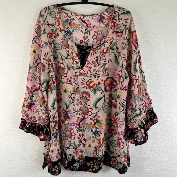 Democracy Tops - Democracy Floral Tunic Top Women Medium Boho Bohemian Pink Bell Sleeve‎